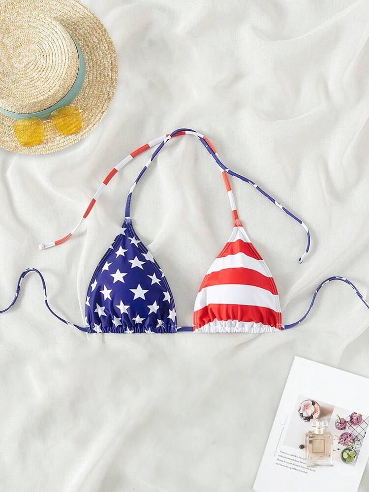 Women’s Summer American Flag Bikini Top – Halter Neck Swimwear with Patriotic 4th of July Print, Stylish and Fun Beachwear Perfect for Pool Parties, Vacations, and Summer Celebrations