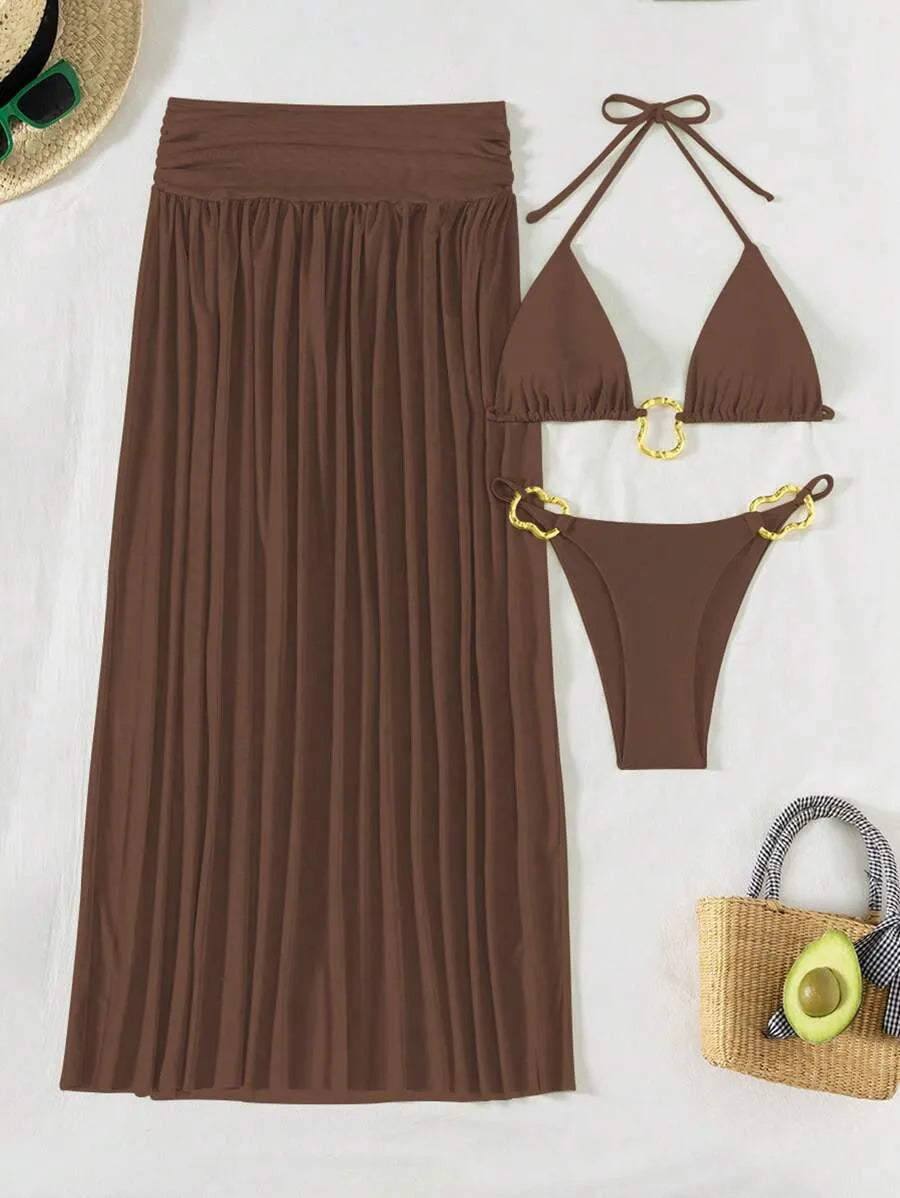 Women’s 3pcs Metallic Fabric Bikini Set – Plain Halter Triangle Top with Asymmetric Metal Ring and Long Mesh Beach Skirt, Sexy and Elegant Resort Swimwear Perfect for Summer Beach Vacations and Poolside Glamour