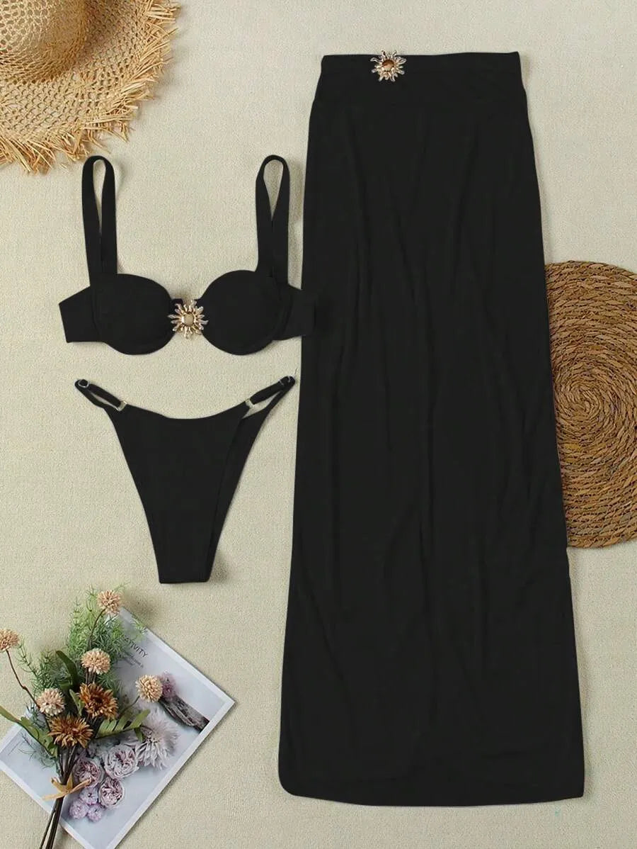 Women’s Sexy 3pcs Bikini Swimwear Set – European & American Style Triangle Top, Matching Bottom, and Cover-Up Skirt, Trendy and Elegant Summer Beachwear Perfect for Pool, Vacation, and Resort Wear