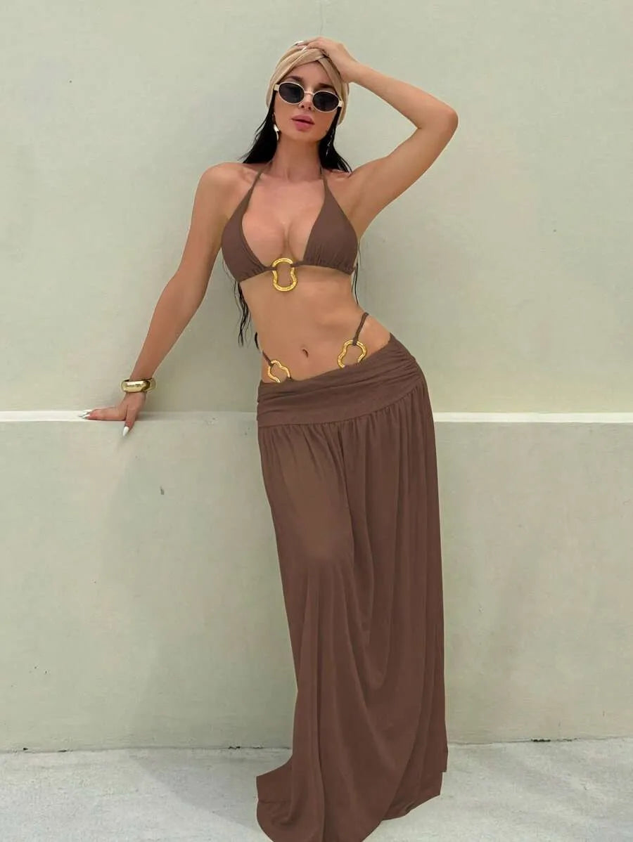 Women’s 3pcs Metallic Fabric Bikini Set – Plain Halter Triangle Top with Asymmetric Metal Ring and Long Mesh Beach Skirt, Sexy and Elegant Resort Swimwear Perfect for Summer Beach Vacations and Poolside Glamour