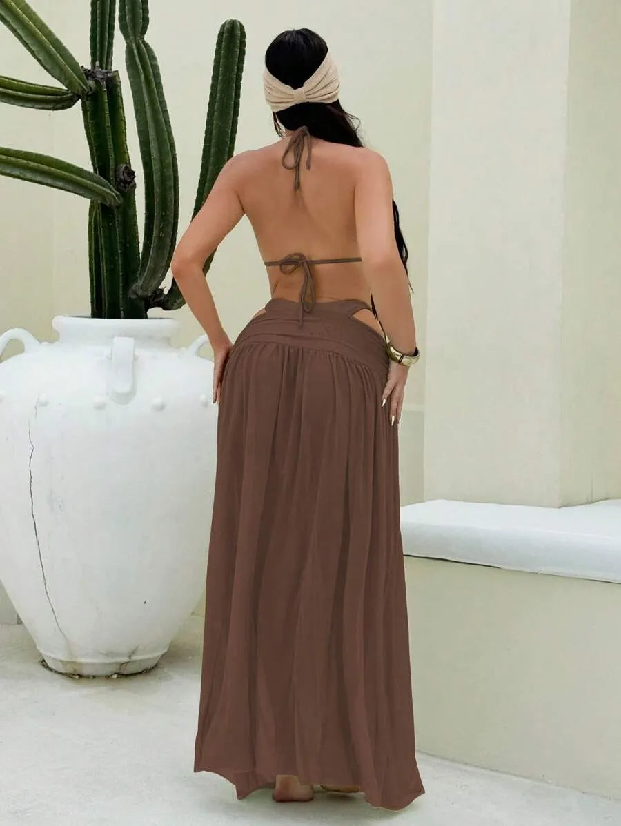 Women’s 3pcs Metallic Fabric Bikini Set – Plain Halter Triangle Top with Asymmetric Metal Ring and Long Mesh Beach Skirt, Sexy and Elegant Resort Swimwear Perfect for Summer Beach Vacations and Poolside Glamour