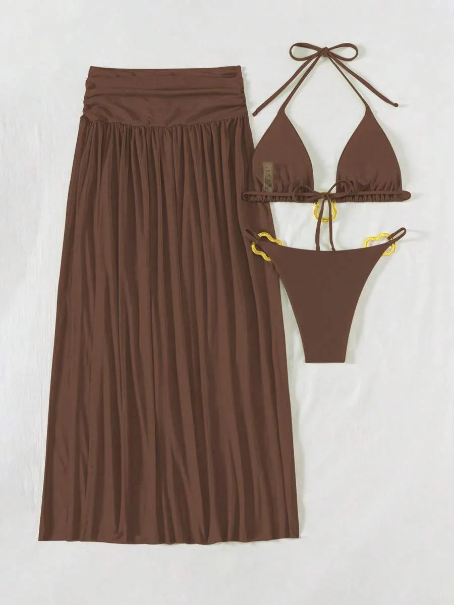 Women’s 3pcs Metallic Fabric Bikini Set – Plain Halter Triangle Top with Asymmetric Metal Ring and Long Mesh Beach Skirt, Sexy and Elegant Resort Swimwear Perfect for Summer Beach Vacations and Poolside Glamour
