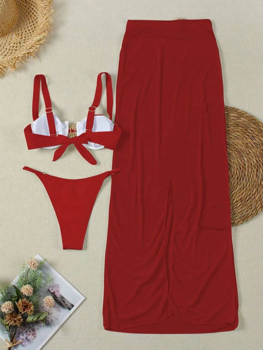 Women’s Sexy 3pcs Bikini Swimwear Set – European & American Style Triangle Top, Matching Bottom, and Cover-Up Skirt, Trendy and Elegant Summer Beachwear Perfect for Pool, Vacation, and Resort Wear