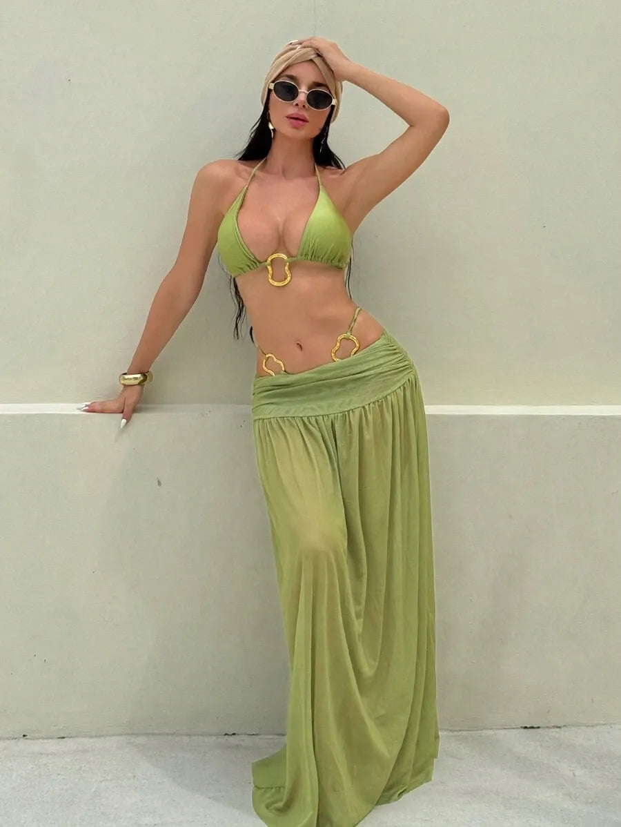 Women’s 3pcs Metallic Fabric Bikini Set – Plain Halter Triangle Top with Asymmetric Metal Ring and Long Mesh Beach Skirt, Sexy and Elegant Resort Swimwear Perfect for Summer Beach Vacations and Poolside Glamour