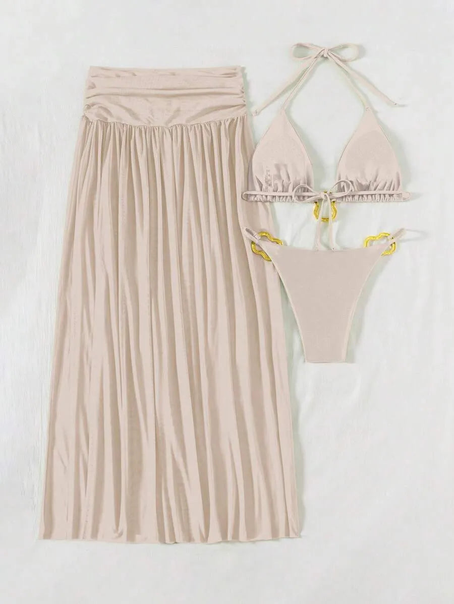 Women’s 3pcs Metallic Fabric Bikini Set – Plain Halter Triangle Top with Asymmetric Metal Ring and Long Mesh Beach Skirt, Sexy and Elegant Resort Swimwear Perfect for Summer Beach Vacations and Poolside Glamour