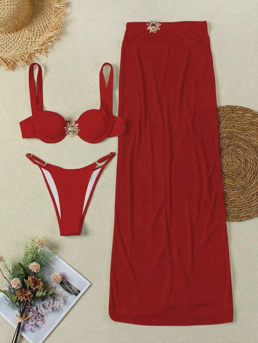 Women’s Sexy 3pcs Bikini Swimwear Set – European & American Style Triangle Top, Matching Bottom, and Cover-Up Skirt, Trendy and Elegant Summer Beachwear Perfect for Pool, Vacation, and Resort Wear