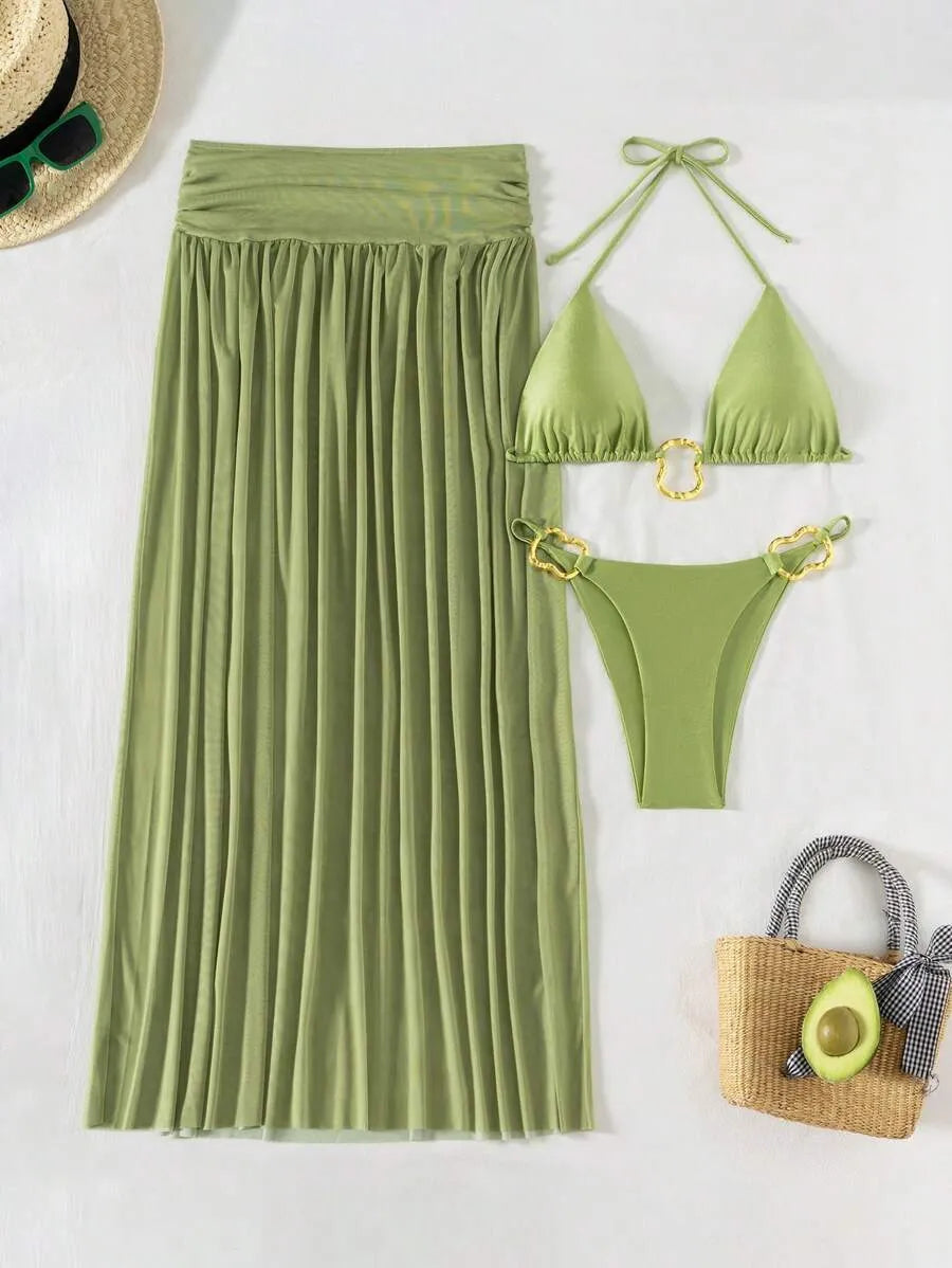 Women’s 3pcs Metallic Fabric Bikini Set – Plain Halter Triangle Top with Asymmetric Metal Ring and Long Mesh Beach Skirt, Sexy and Elegant Resort Swimwear Perfect for Summer Beach Vacations and Poolside Glamour
