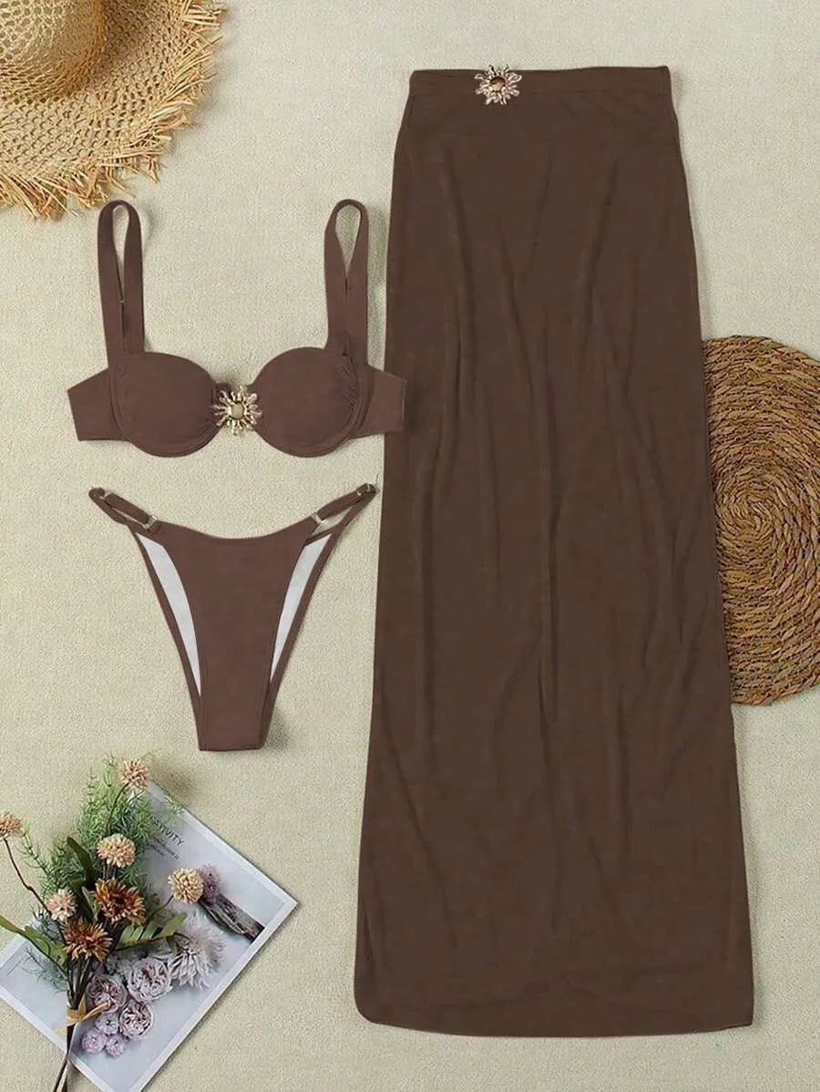 Women’s Sexy 3pcs Bikini Swimwear Set – European & American Style Triangle Top, Matching Bottom, and Cover-Up Skirt, Trendy and Elegant Summer Beachwear Perfect for Pool, Vacation, and Resort Wear