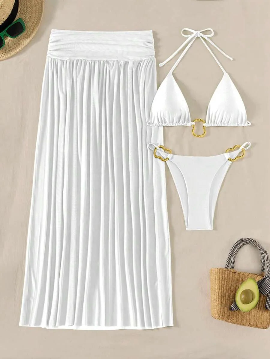 Women’s 3pcs Metallic Fabric Bikini Set – Plain Halter Triangle Top with Asymmetric Metal Ring and Long Mesh Beach Skirt, Sexy and Elegant Resort Swimwear Perfect for Summer Beach Vacations and Poolside Glamour