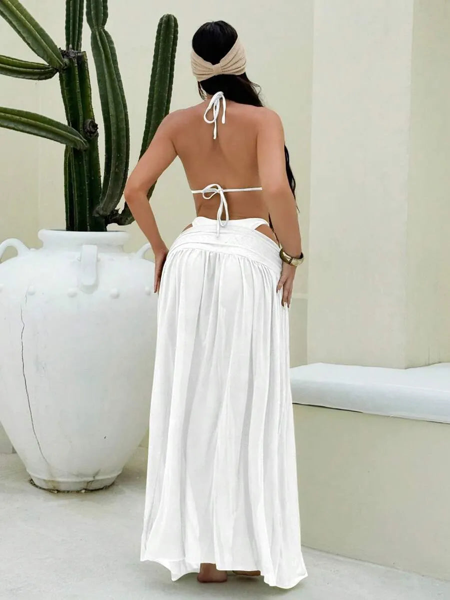 Women’s 3pcs Metallic Fabric Bikini Set – Plain Halter Triangle Top with Asymmetric Metal Ring and Long Mesh Beach Skirt, Sexy and Elegant Resort Swimwear Perfect for Summer Beach Vacations and Poolside Glamour