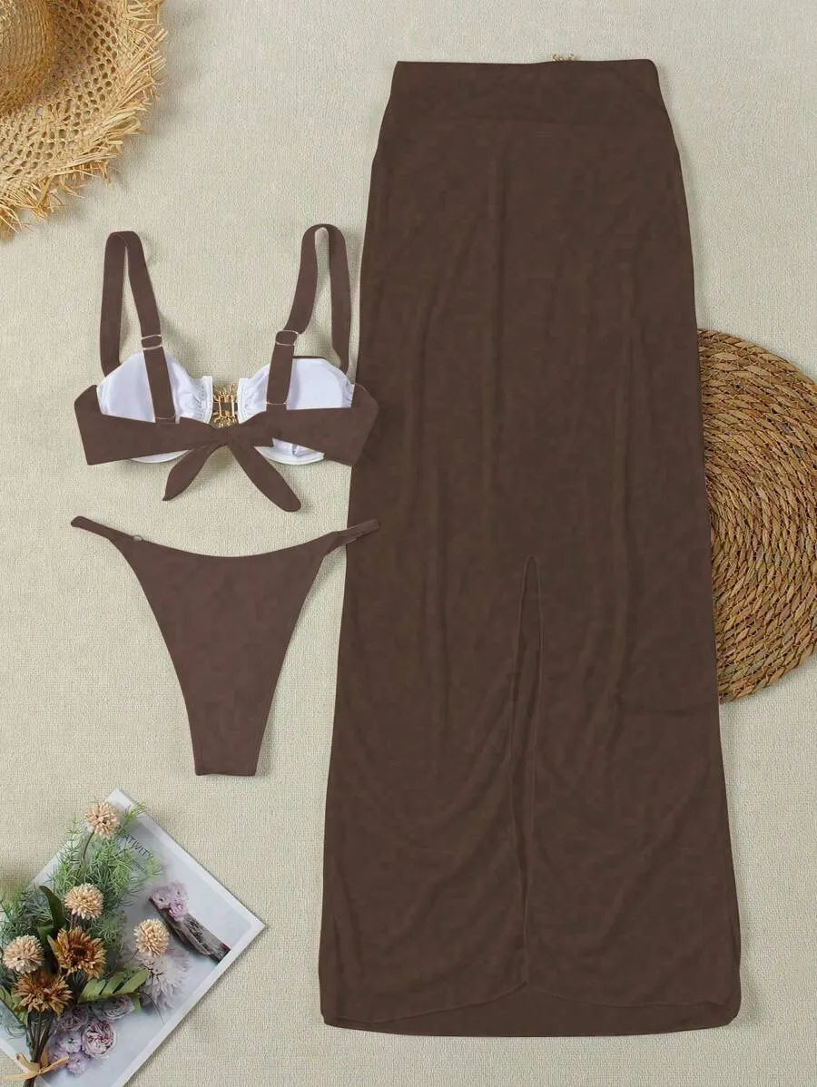Women’s Sexy 3pcs Bikini Swimwear Set – European & American Style Triangle Top, Matching Bottom, and Cover-Up Skirt, Trendy and Elegant Summer Beachwear Perfect for Pool, Vacation, and Resort Wear