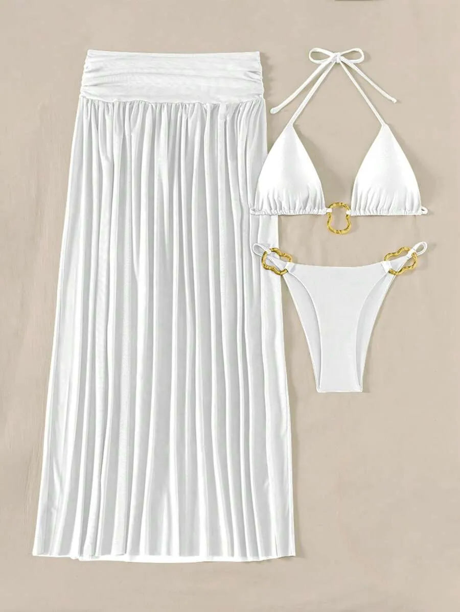 Women’s 3pcs Metallic Fabric Bikini Set – Plain Halter Triangle Top with Asymmetric Metal Ring and Long Mesh Beach Skirt, Sexy and Elegant Resort Swimwear Perfect for Summer Beach Vacations and Poolside Glamour