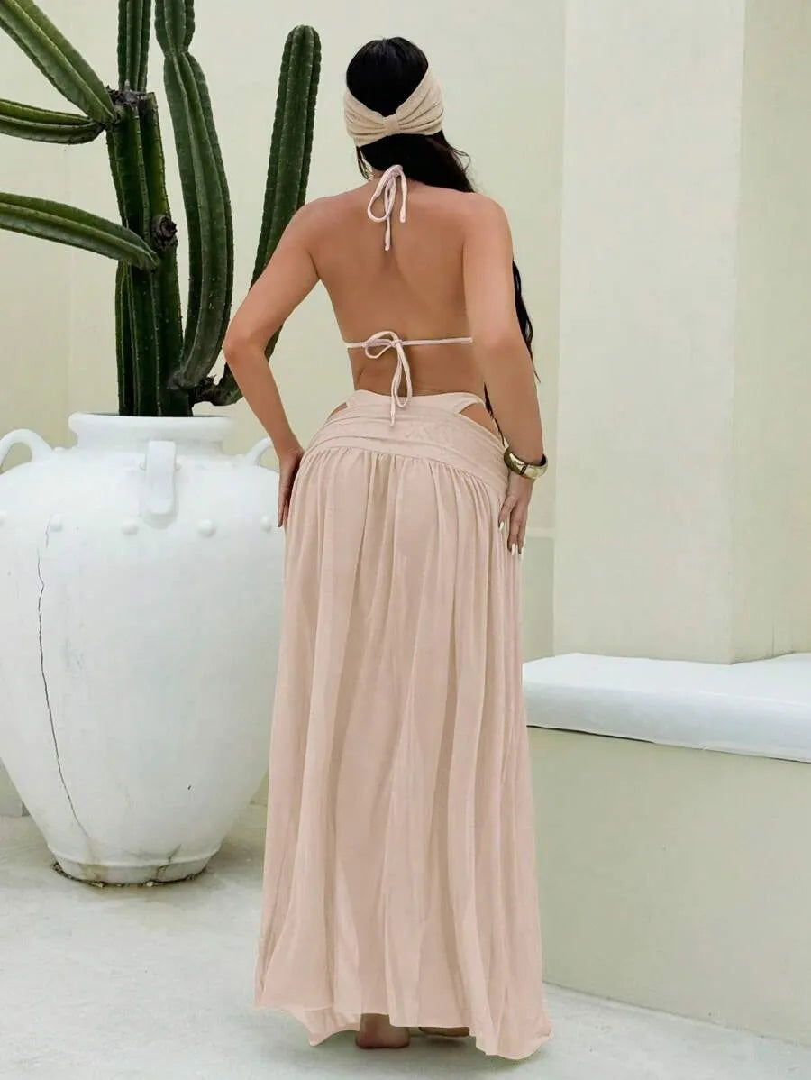 Women’s 3pcs Metallic Fabric Bikini Set – Plain Halter Triangle Top with Asymmetric Metal Ring and Long Mesh Beach Skirt, Sexy and Elegant Resort Swimwear Perfect for Summer Beach Vacations and Poolside Glamour