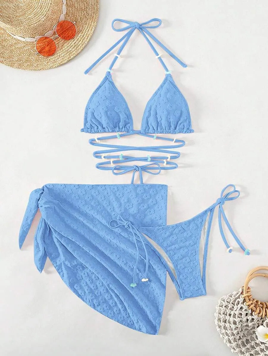 Floral Flocked 3pcs Bikini Set for Women – Beaded Halter Triangle Top, Tie Side Bottom, and Matching Beach Skirt, Trendy Summer Swimwear Perfect for Beach Vacations, Festivals, and Poolside Style