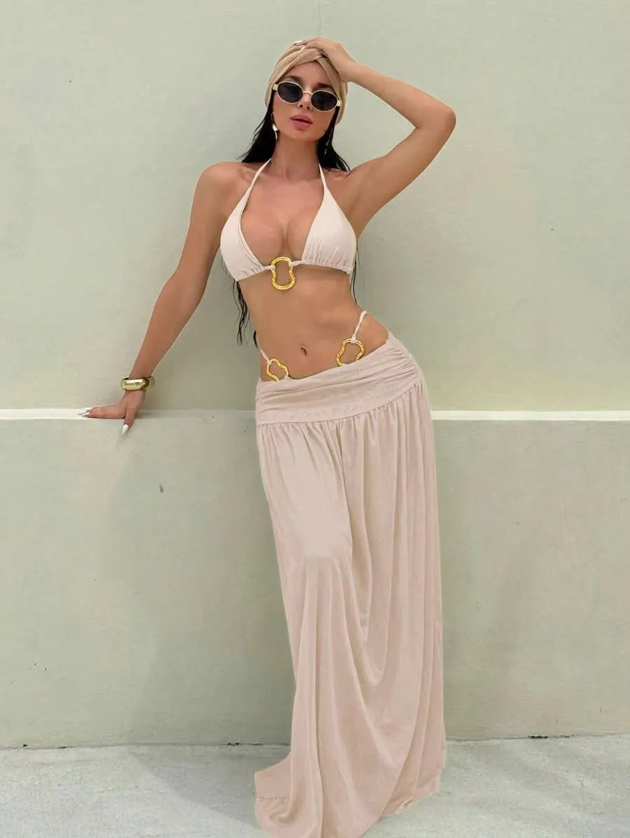 Women’s 3pcs Metallic Fabric Bikini Set – Plain Halter Triangle Top with Asymmetric Metal Ring and Long Mesh Beach Skirt, Sexy and Elegant Resort Swimwear Perfect for Summer Beach Vacations and Poolside Glamour