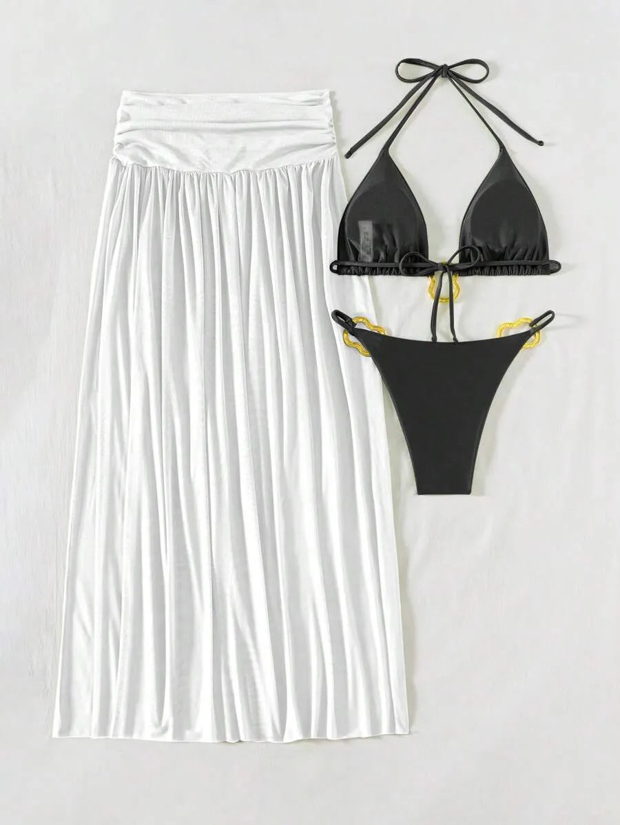 Women’s 3pcs Metallic Fabric Bikini Set – Plain Halter Triangle Top with Asymmetric Metal Ring and Long Mesh Beach Skirt, Sexy and Elegant Resort Swimwear Perfect for Summer Beach Vacations and Poolside Glamour