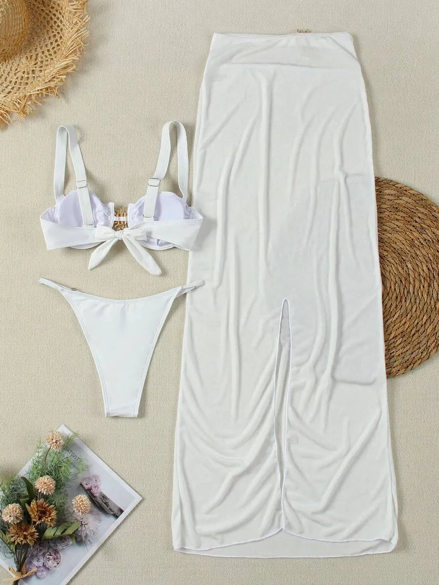 Women’s Sexy 3pcs Bikini Swimwear Set – European & American Style Triangle Top, Matching Bottom, and Cover-Up Skirt, Trendy and Elegant Summer Beachwear Perfect for Pool, Vacation, and Resort Wear