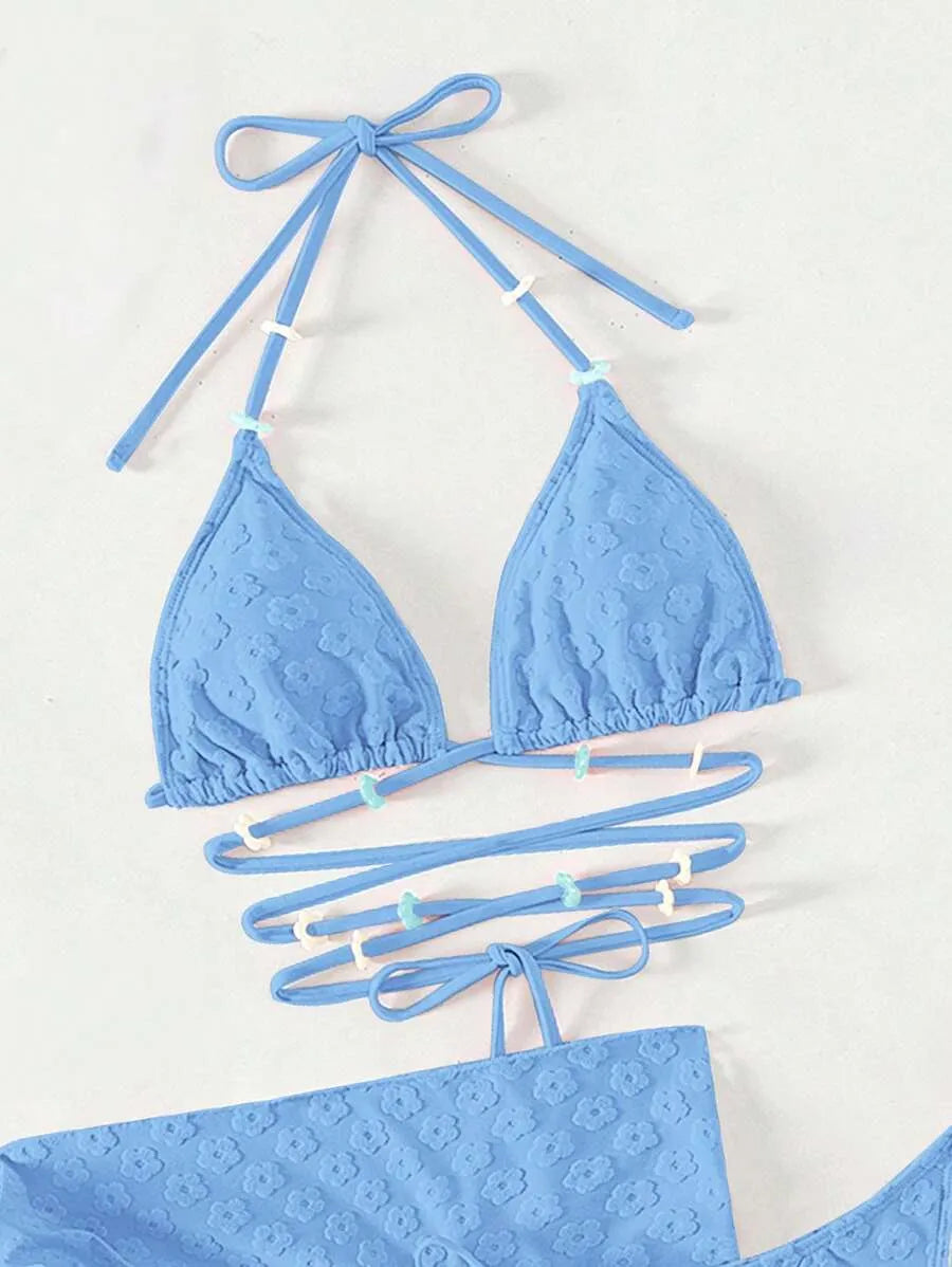 Floral Flocked 3pcs Bikini Set for Women – Beaded Halter Triangle Top, Tie Side Bottom, and Matching Beach Skirt, Trendy Summer Swimwear Perfect for Beach Vacations, Festivals, and Poolside Style