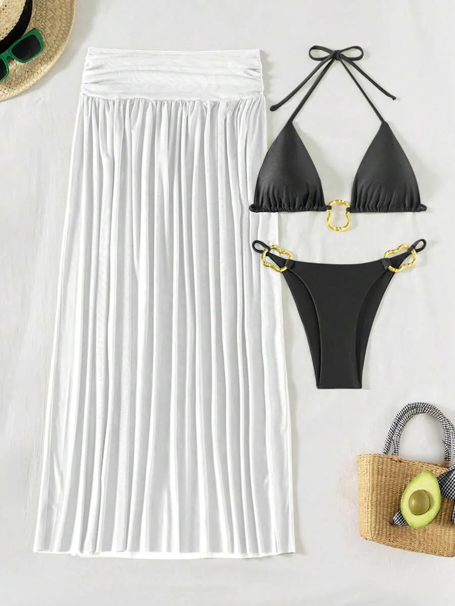 Women’s 3pcs Metallic Fabric Bikini Set – Plain Halter Triangle Top with Asymmetric Metal Ring and Long Mesh Beach Skirt, Sexy and Elegant Resort Swimwear Perfect for Summer Beach Vacations and Poolside Glamour
