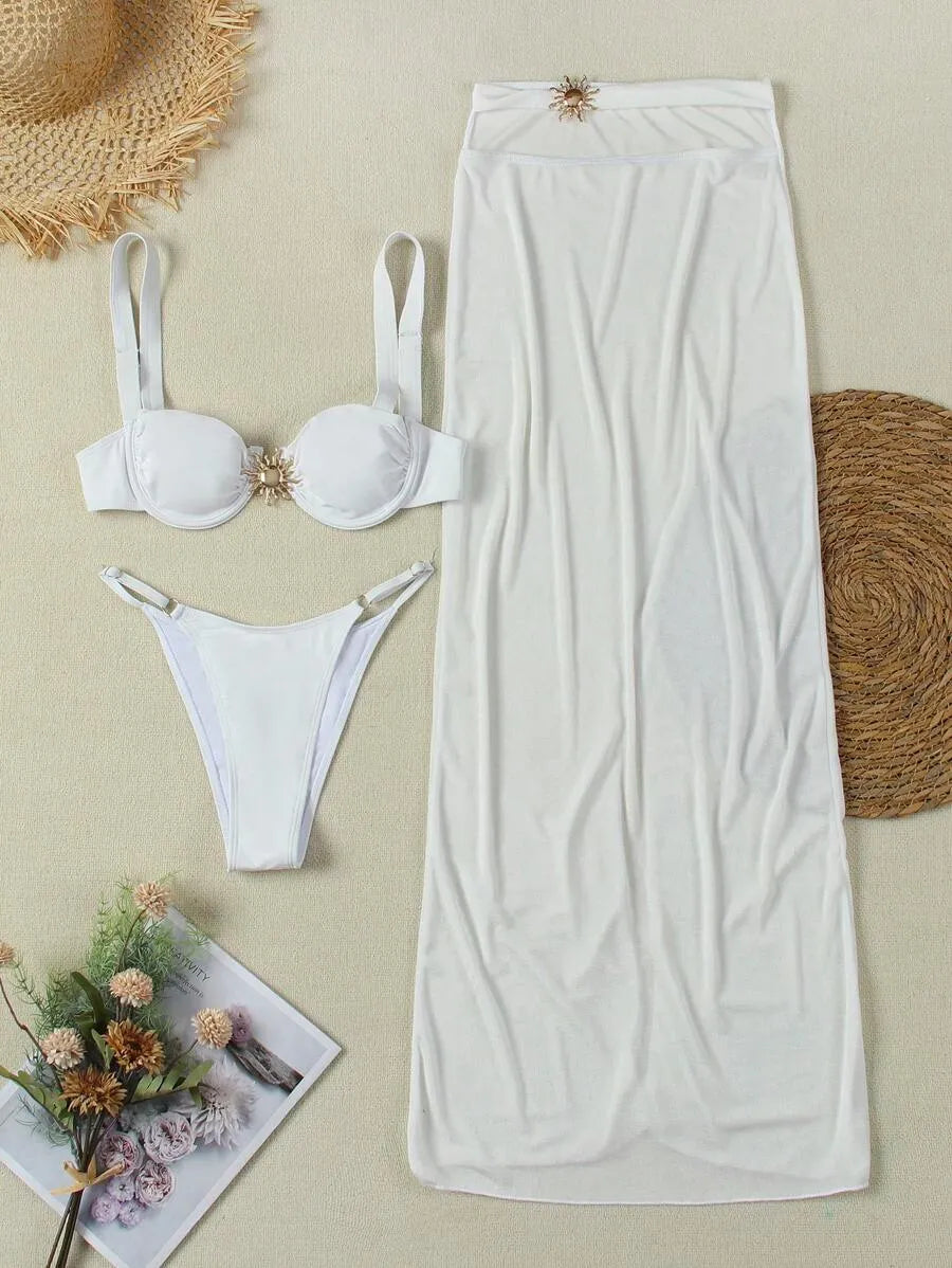 Women’s Sexy 3pcs Bikini Swimwear Set – European & American Style Triangle Top, Matching Bottom, and Cover-Up Skirt, Trendy and Elegant Summer Beachwear Perfect for Pool, Vacation, and Resort Wear