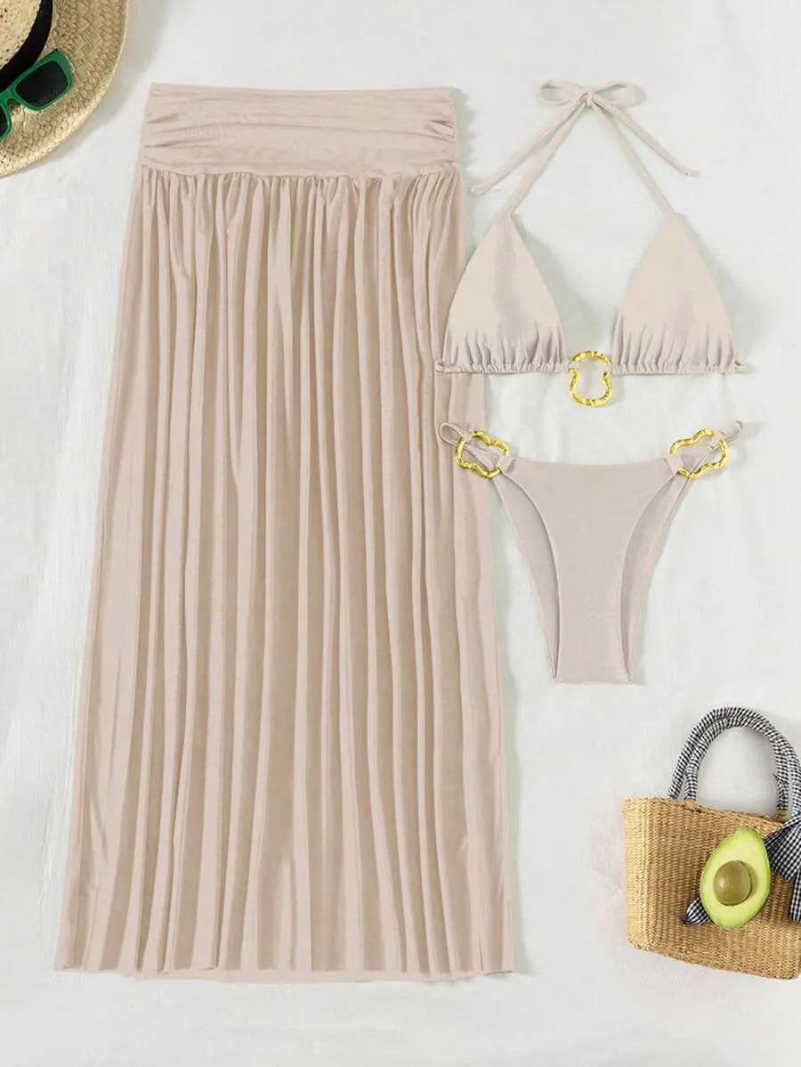 Women’s 3pcs Metallic Fabric Bikini Set – Plain Halter Triangle Top with Asymmetric Metal Ring and Long Mesh Beach Skirt, Sexy and Elegant Resort Swimwear Perfect for Summer Beach Vacations and Poolside Glamour