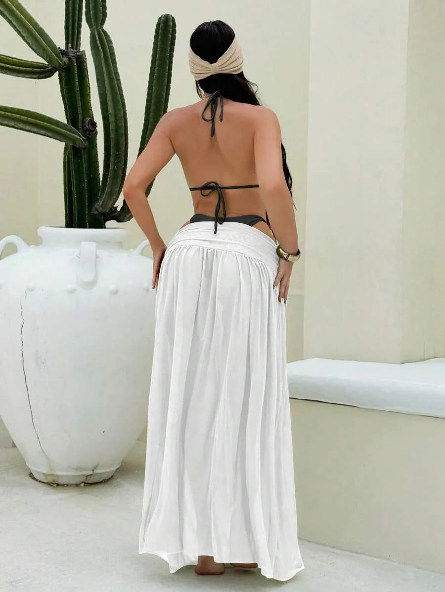 Women’s 3pcs Metallic Fabric Bikini Set – Plain Halter Triangle Top with Asymmetric Metal Ring and Long Mesh Beach Skirt, Sexy and Elegant Resort Swimwear Perfect for Summer Beach Vacations and Poolside Glamour