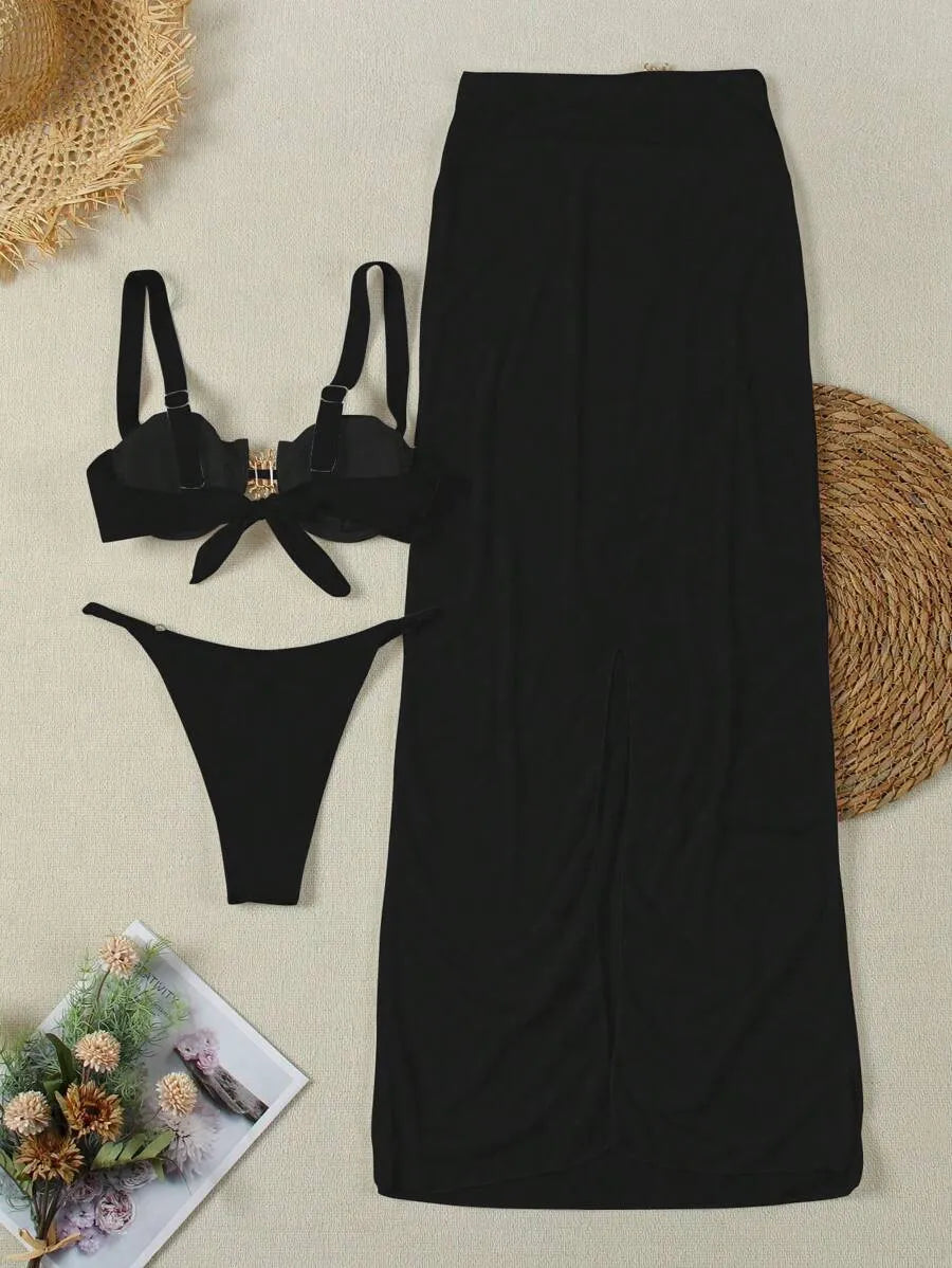 Women’s Sexy 3pcs Bikini Swimwear Set – European & American Style Triangle Top, Matching Bottom, and Cover-Up Skirt, Trendy and Elegant Summer Beachwear Perfect for Pool, Vacation, and Resort Wear