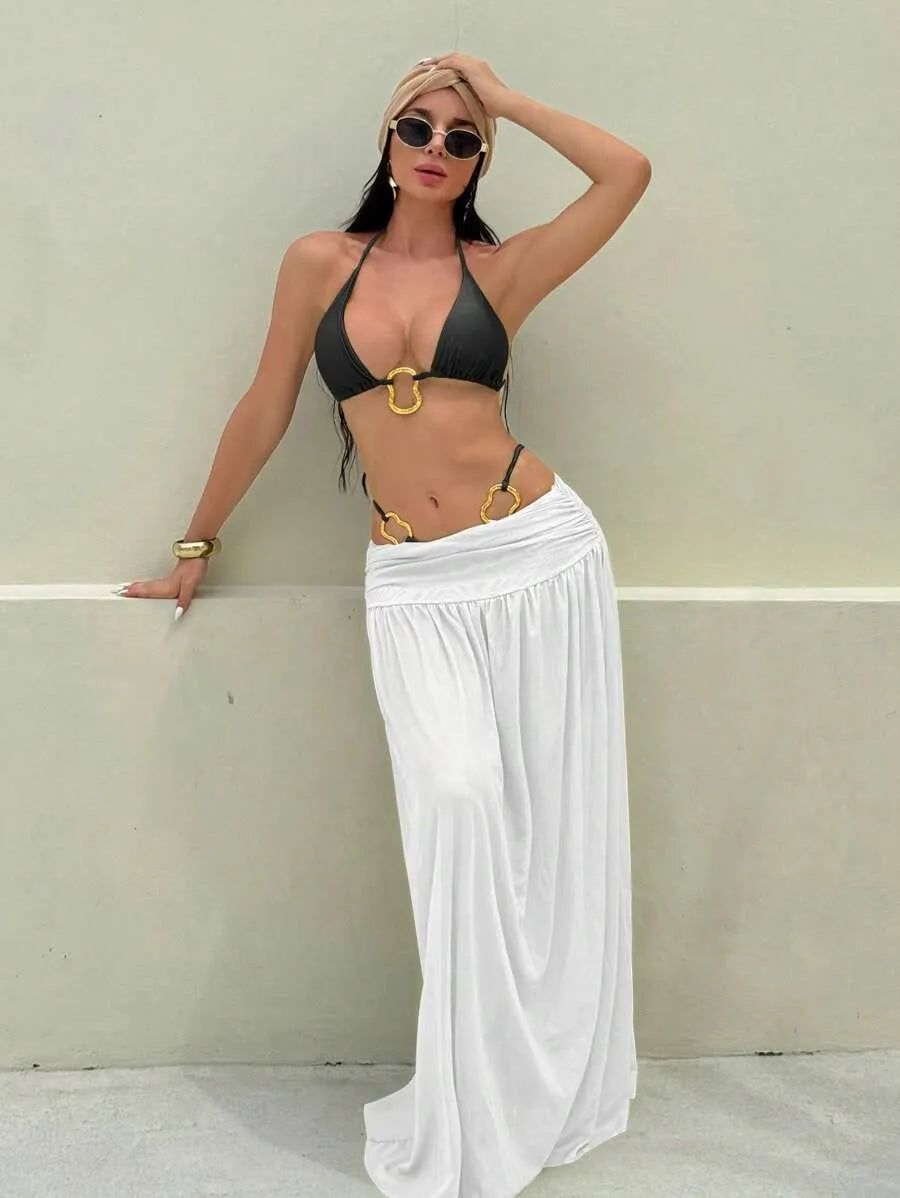 Women’s 3pcs Metallic Fabric Bikini Set – Plain Halter Triangle Top with Asymmetric Metal Ring and Long Mesh Beach Skirt, Sexy and Elegant Resort Swimwear Perfect for Summer Beach Vacations and Poolside Glamour