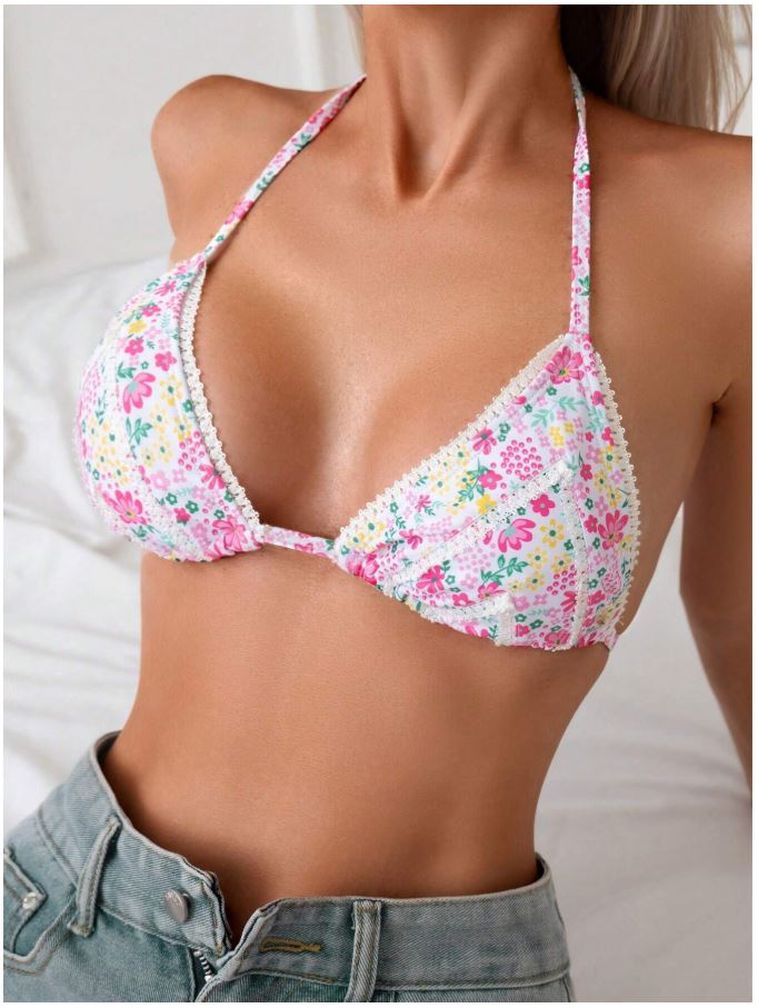 Floral Printed Halter Neck Backless Bikini Top for Women – Sexy Summer Beach Swimwear with Adjustable Back Tie, Trendy Two Piece Bikini Top for Vacation & Poolside