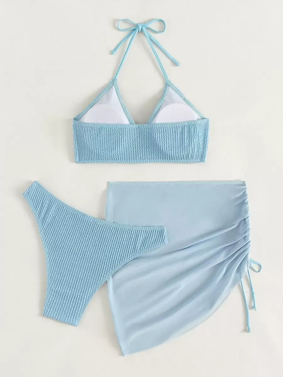 Women’s 3pcs Textured Bikini Set – Ring-Linked Triangle Bra, Cheeky Bottom, and Matching Cover-Up Skirt, Stylish Summer Beach Swimwear Perfect for Vacation, Poolside Fun, and Trendy Beach Outfits