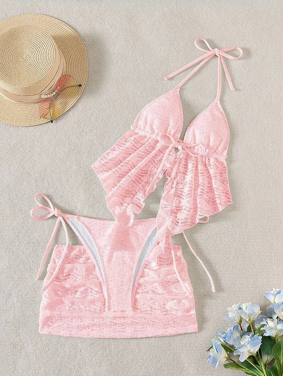 Women’s 3pcs Spring Break Bikini Set – Hollow-Out Lace Solid Color Spaghetti Strap Cami Top with Matching Bottoms, Boho Festival Style Summer Beachwear, Trendy and Sexy Swimwear Perfect for Vacations and Beach Parties