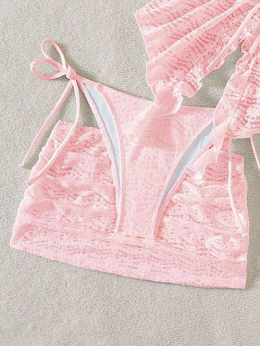 Women’s 3pcs Spring Break Bikini Set – Hollow-Out Lace Solid Color Spaghetti Strap Cami Top with Matching Bottoms, Boho Festival Style Summer Beachwear, Trendy and Sexy Swimwear Perfect for Vacations and Beach Parties