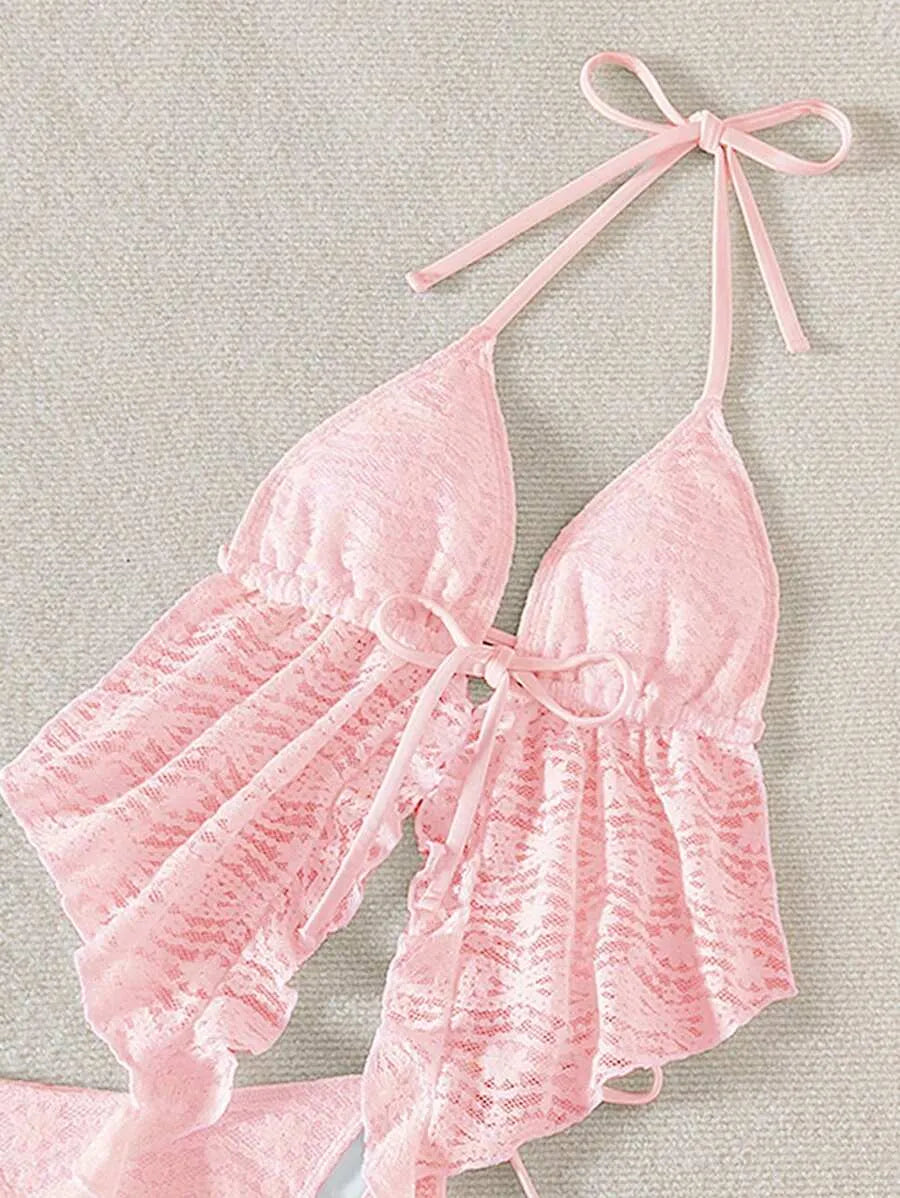 Women’s 3pcs Spring Break Bikini Set – Hollow-Out Lace Solid Color Spaghetti Strap Cami Top with Matching Bottoms, Boho Festival Style Summer Beachwear, Trendy and Sexy Swimwear Perfect for Vacations and Beach Parties