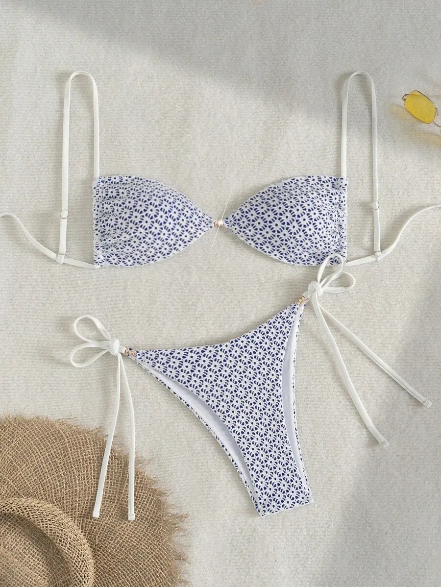 Women’s 2pcs Summer Beach Outfit – Textured Fabric Crop Top with Pearl and Metallic Decor, Spaghetti Straps, and Side Tie Bikini Shorts, Trendy and Sexy Swimwear Set Perfect for Pool, Vacation, and Summer Days