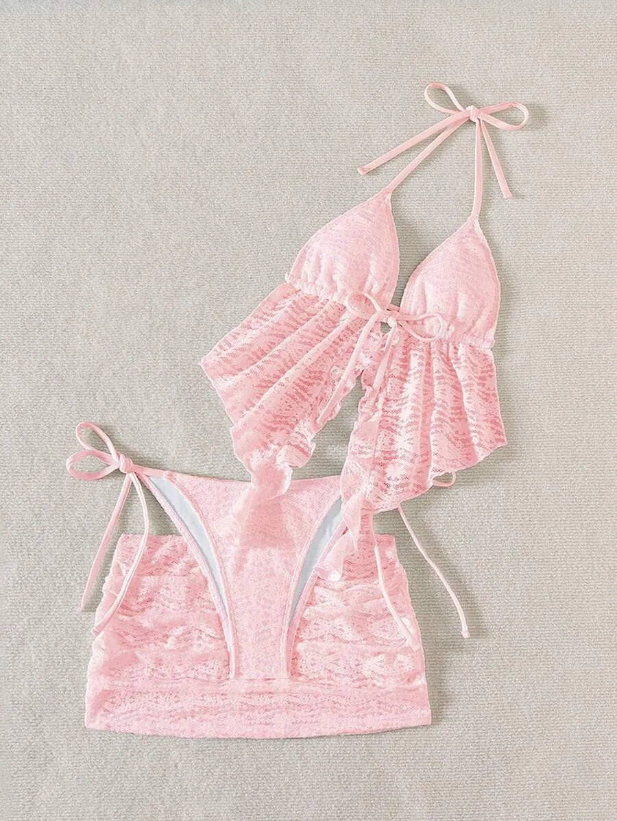 Women’s 3pcs Spring Break Bikini Set – Hollow-Out Lace Solid Color Spaghetti Strap Cami Top with Matching Bottoms, Boho Festival Style Summer Beachwear, Trendy and Sexy Swimwear Perfect for Vacations and Beach Parties