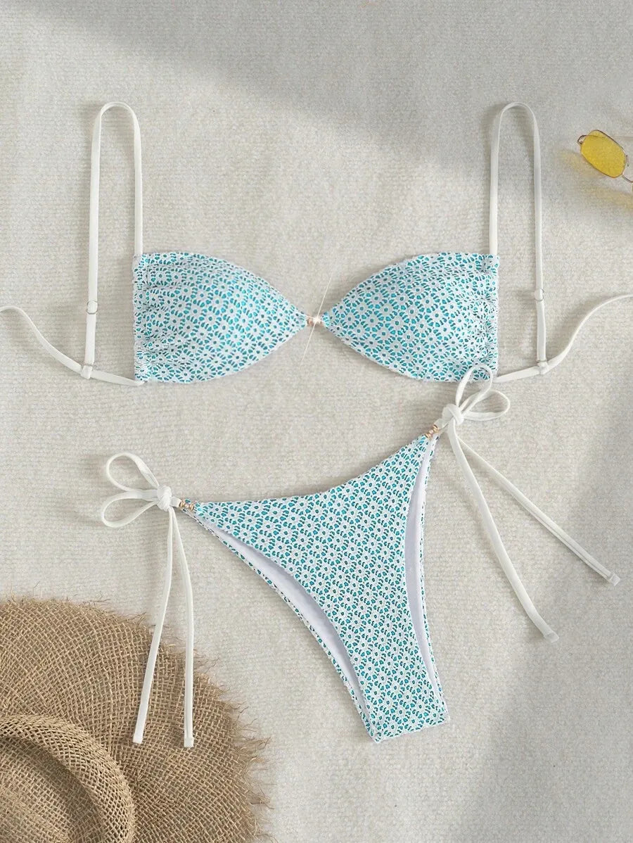 Women’s 2pcs Summer Beach Outfit – Textured Fabric Crop Top with Pearl and Metallic Decor, Spaghetti Straps, and Side Tie Bikini Shorts, Trendy and Sexy Swimwear Set Perfect for Pool, Vacation, and Summer Days