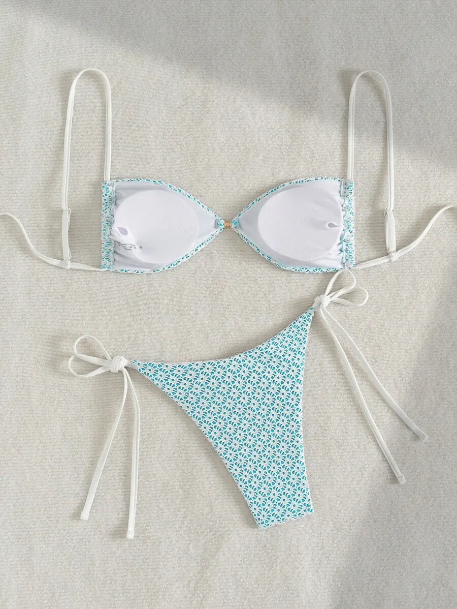 Women’s 2pcs Summer Beach Outfit – Textured Fabric Crop Top with Pearl and Metallic Decor, Spaghetti Straps, and Side Tie Bikini Shorts, Trendy and Sexy Swimwear Set Perfect for Pool, Vacation, and Summer Days