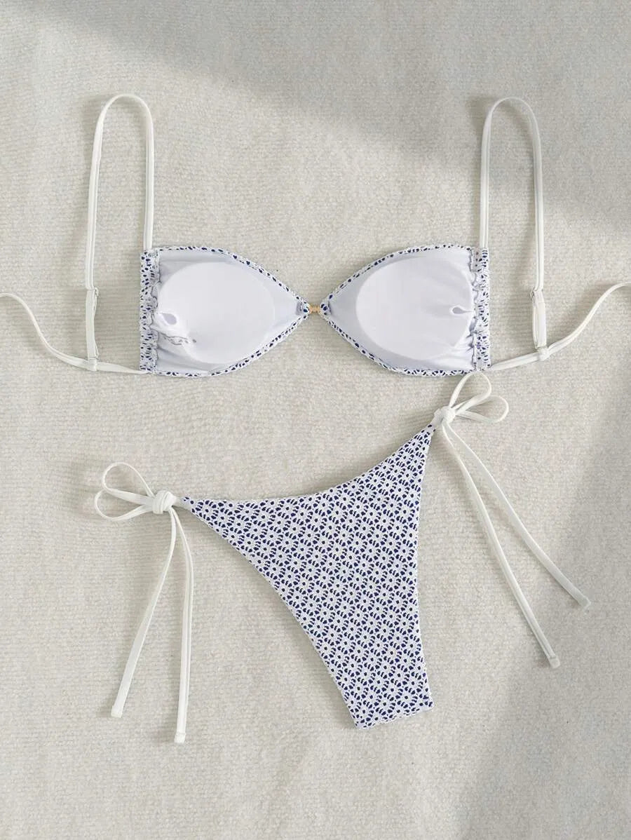 Women’s 2pcs Summer Beach Outfit – Textured Fabric Crop Top with Pearl and Metallic Decor, Spaghetti Straps, and Side Tie Bikini Shorts, Trendy and Sexy Swimwear Set Perfect for Pool, Vacation, and Summer Days