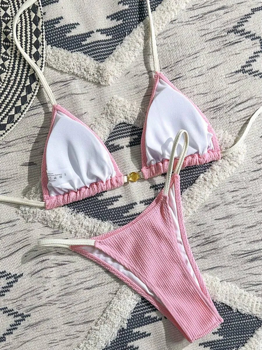 Navy Blue & White 2pcs Bikini Set for Women – Summer Casual Beach Outfit with Textured Fabric, Metallic Shell Decor, Sexy Triangle Cup Top, Nautical Style Swimwear Perfect for Vacation and Poolside Fun