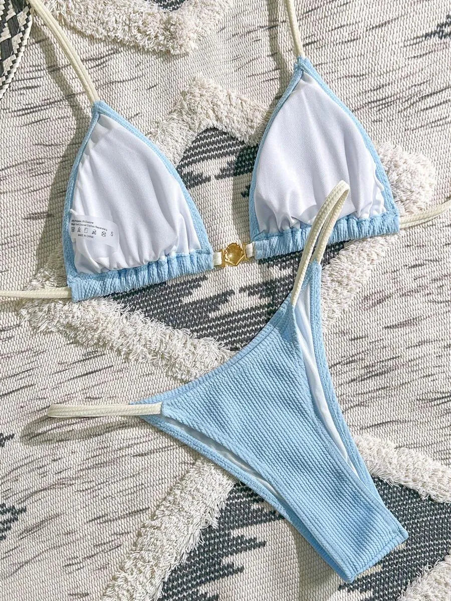 Navy Blue & White 2pcs Bikini Set for Women – Summer Casual Beach Outfit with Textured Fabric, Metallic Shell Decor, Sexy Triangle Cup Top, Nautical Style Swimwear Perfect for Vacation and Poolside Fun