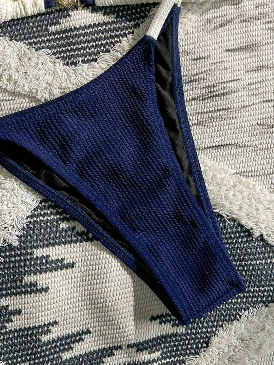 Navy Blue & White 2pcs Bikini Set for Women – Summer Casual Beach Outfit with Textured Fabric, Metallic Shell Decor, Sexy Triangle Cup Top, Nautical Style Swimwear Perfect for Vacation and Poolside Fun
