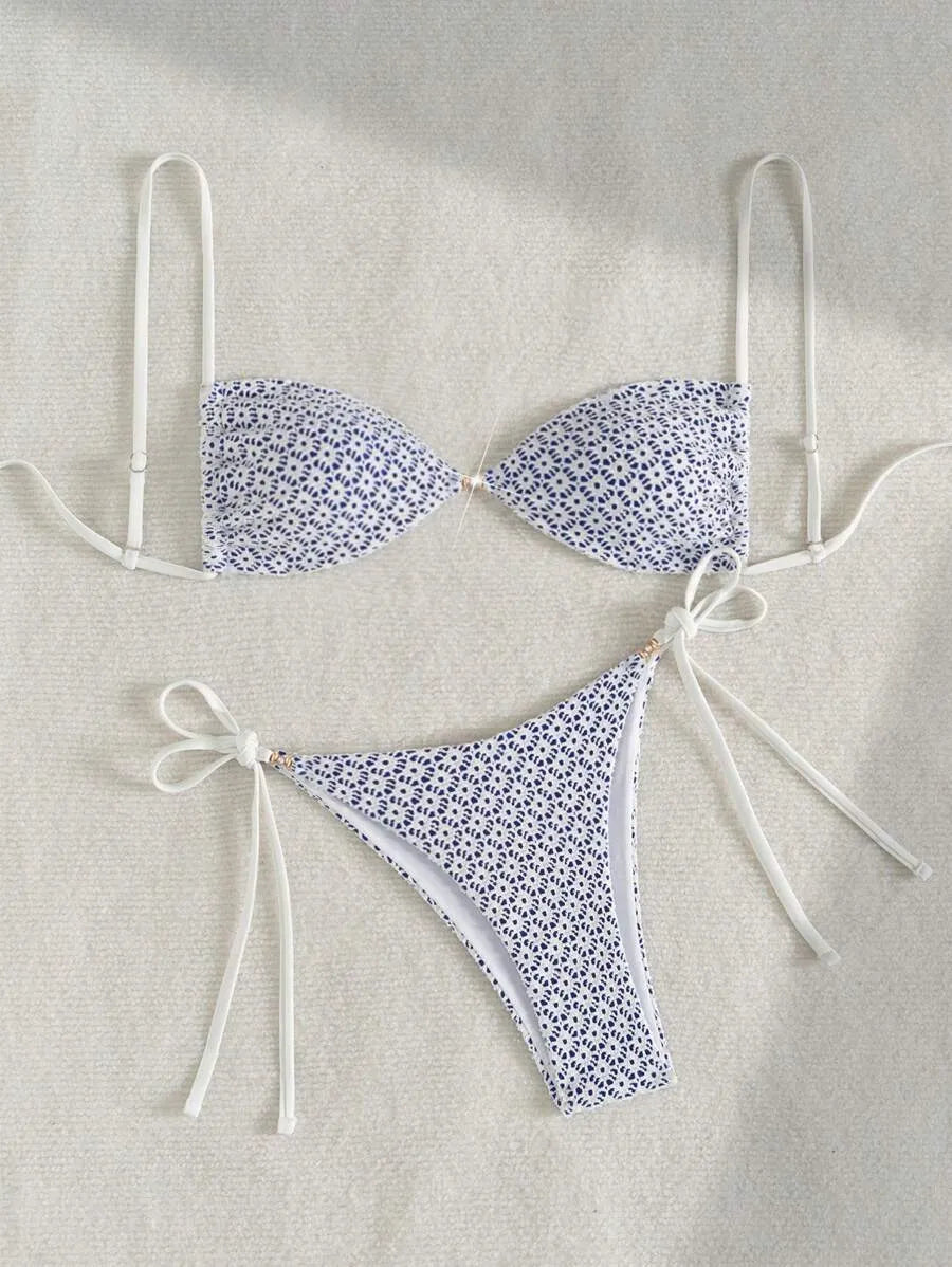 Women’s 2pcs Summer Beach Outfit – Textured Fabric Crop Top with Pearl and Metallic Decor, Spaghetti Straps, and Side Tie Bikini Shorts, Trendy and Sexy Swimwear Set Perfect for Pool, Vacation, and Summer Days