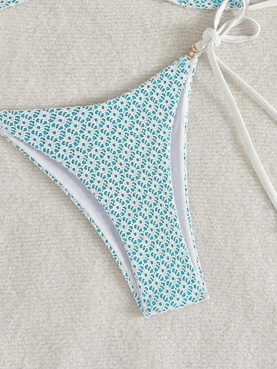 Women’s 2pcs Summer Beach Outfit – Textured Fabric Crop Top with Pearl and Metallic Decor, Spaghetti Straps, and Side Tie Bikini Shorts, Trendy and Sexy Swimwear Set Perfect for Pool, Vacation, and Summer Days