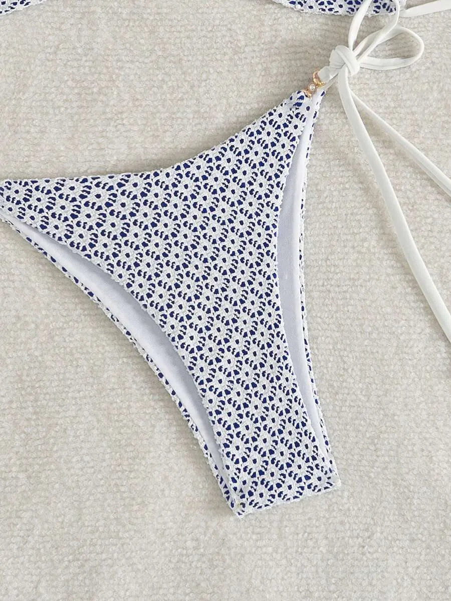 Women’s 2pcs Summer Beach Outfit – Textured Fabric Crop Top with Pearl and Metallic Decor, Spaghetti Straps, and Side Tie Bikini Shorts, Trendy and Sexy Swimwear Set Perfect for Pool, Vacation, and Summer Days