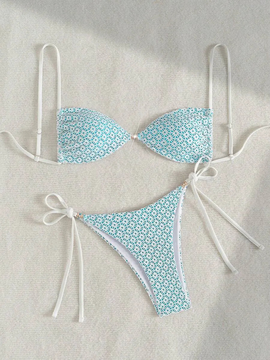 Women’s 2pcs Summer Beach Outfit – Textured Fabric Crop Top with Pearl and Metallic Decor, Spaghetti Straps, and Side Tie Bikini Shorts, Trendy and Sexy Swimwear Set Perfect for Pool, Vacation, and Summer Days