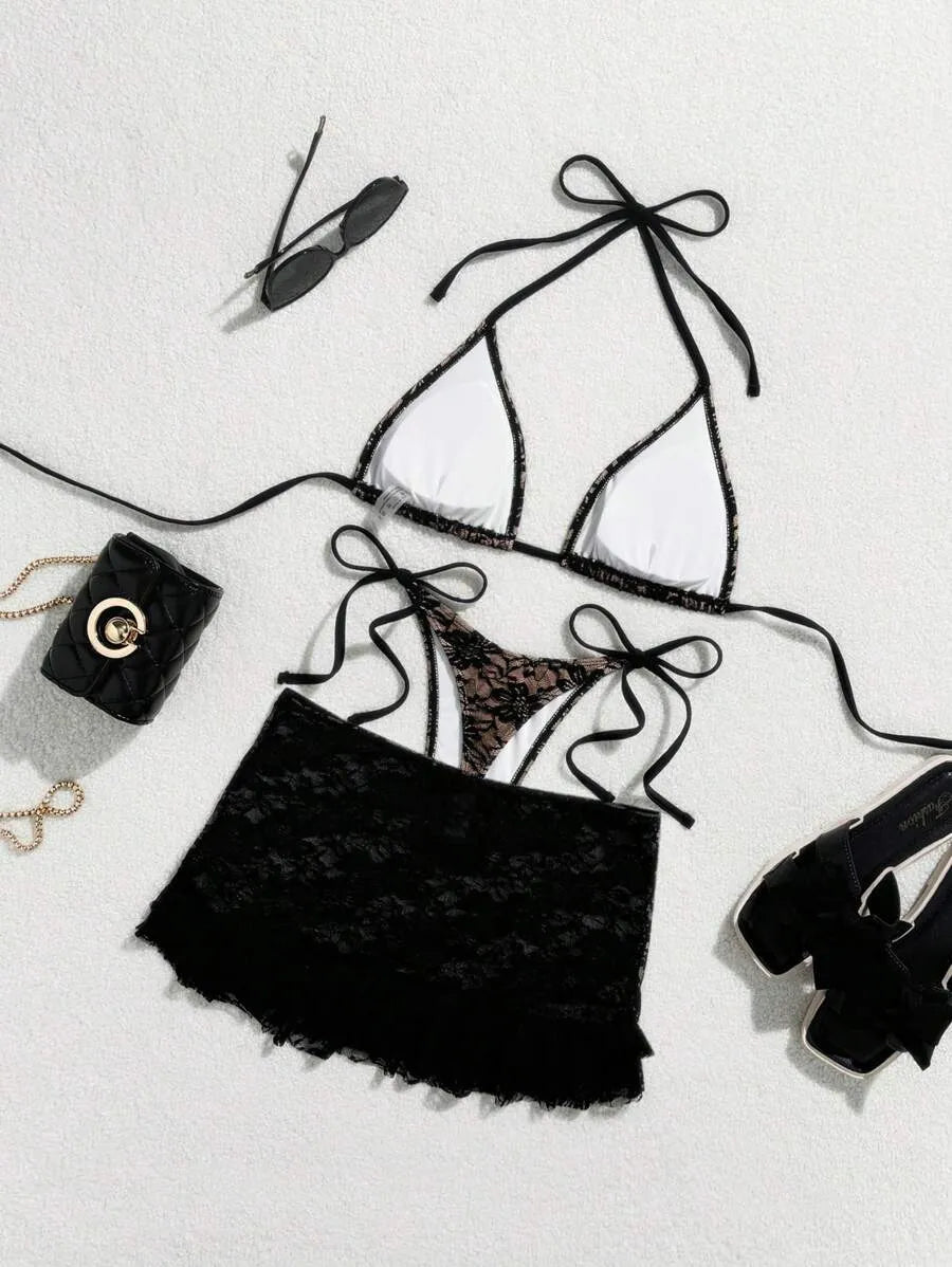 Women’s 3pcs Black Lace Bikini Set – Sexy Triangle Cup Bra, G-String Bottom, and Flounce Mini Skirt, Elegant Summer Beach Swimwear Perfect for Pool Parties, Vacations, and Resort Wear
