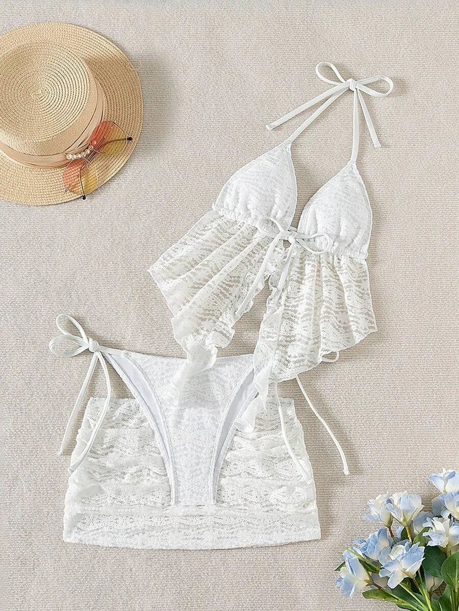 Women’s 3pcs Spring Break Bikini Set – Hollow-Out Lace Solid Color Spaghetti Strap Cami Top with Matching Bottoms, Boho Festival Style Summer Beachwear, Trendy and Sexy Swimwear Perfect for Vacations and Beach Parties
