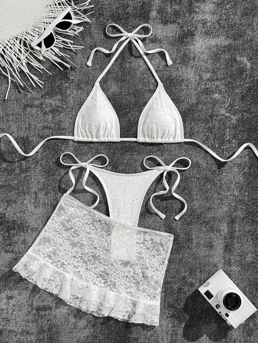 Women’s 3pcs Black Lace Bikini Set – Sexy Triangle Cup Bra, G-String Bottom, and Flounce Mini Skirt, Elegant Summer Beach Swimwear Perfect for Pool Parties, Vacations, and Resort Wear