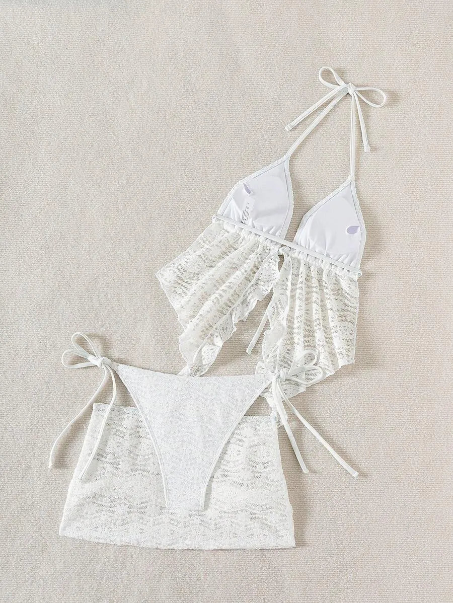 Women’s 3pcs Spring Break Bikini Set – Hollow-Out Lace Solid Color Spaghetti Strap Cami Top with Matching Bottoms, Boho Festival Style Summer Beachwear, Trendy and Sexy Swimwear Perfect for Vacations and Beach Parties