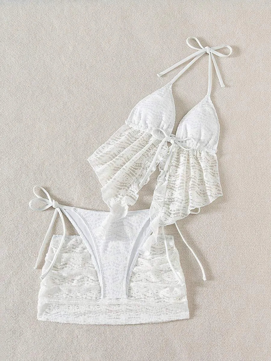 Women’s 3pcs Spring Break Bikini Set – Hollow-Out Lace Solid Color Spaghetti Strap Cami Top with Matching Bottoms, Boho Festival Style Summer Beachwear, Trendy and Sexy Swimwear Perfect for Vacations and Beach Parties